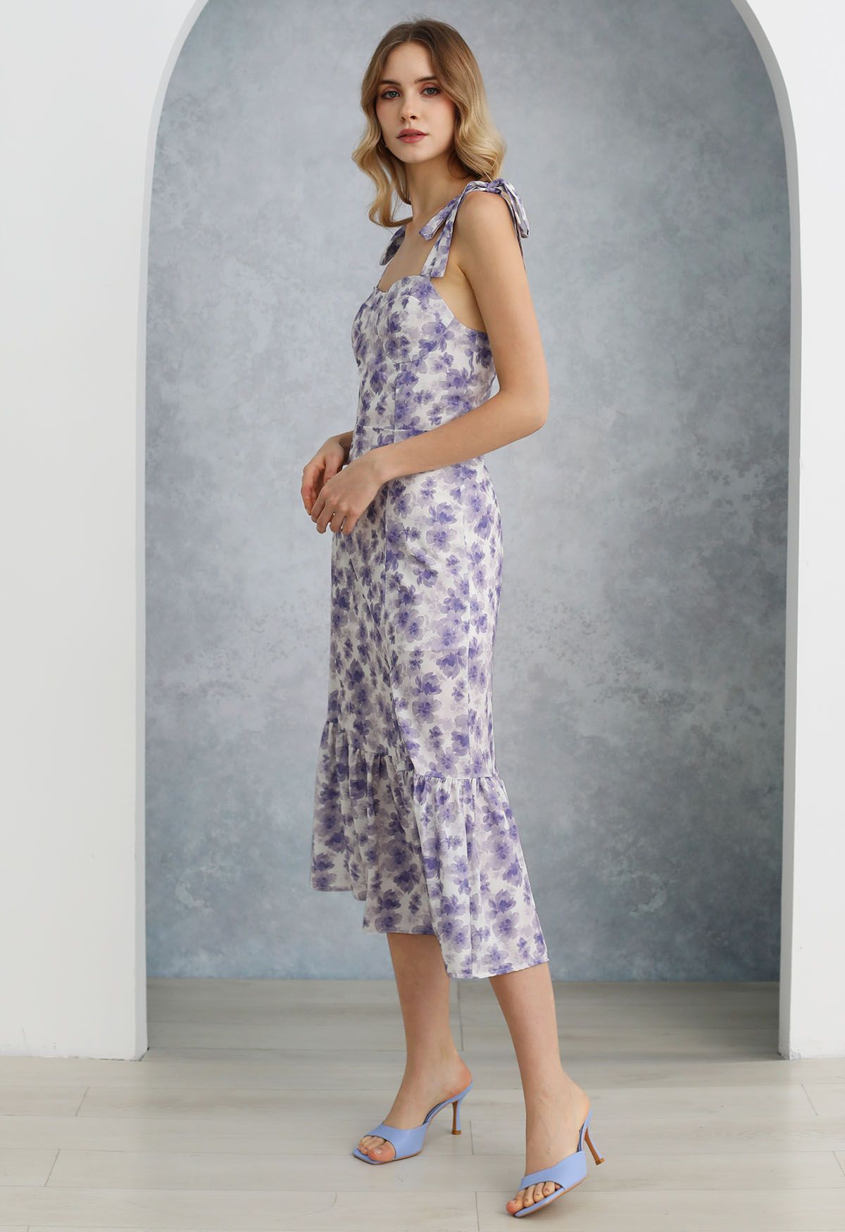 Floral Tie-Shoulder Split Midi Dress in Purple