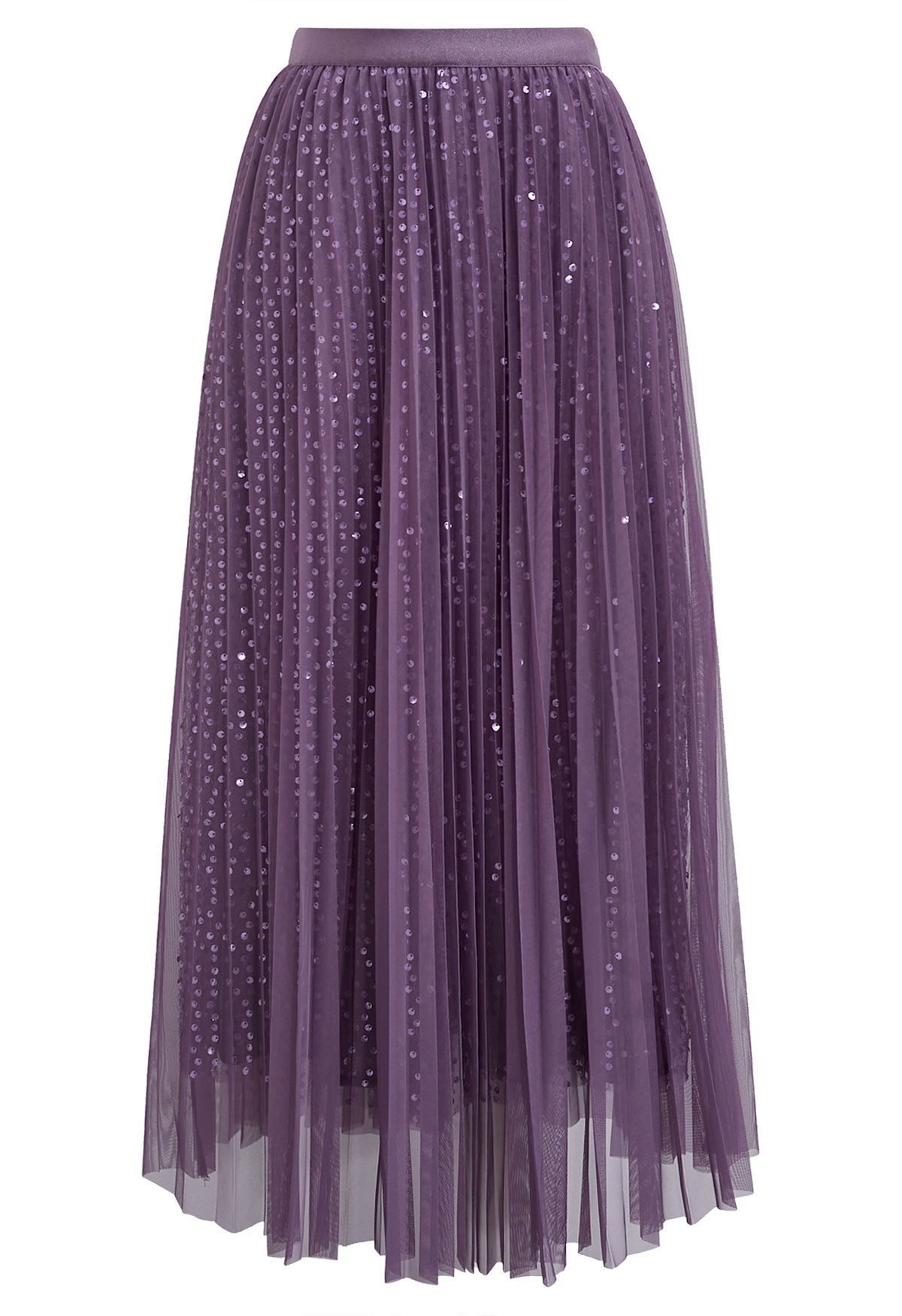 Glister Sequin Trim Mesh Tulle Maxi Skirt in Purple