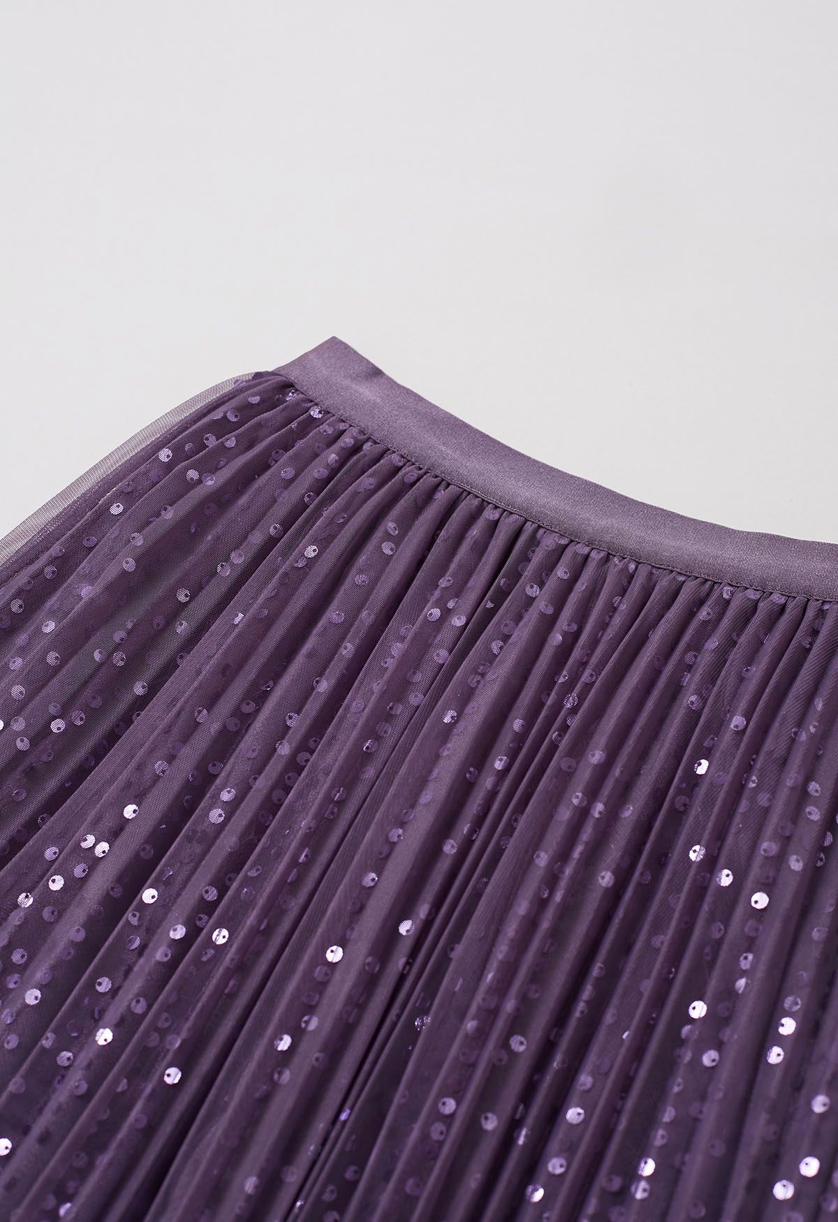 Glister Sequin Trim Mesh Tulle Maxi Skirt in Purple