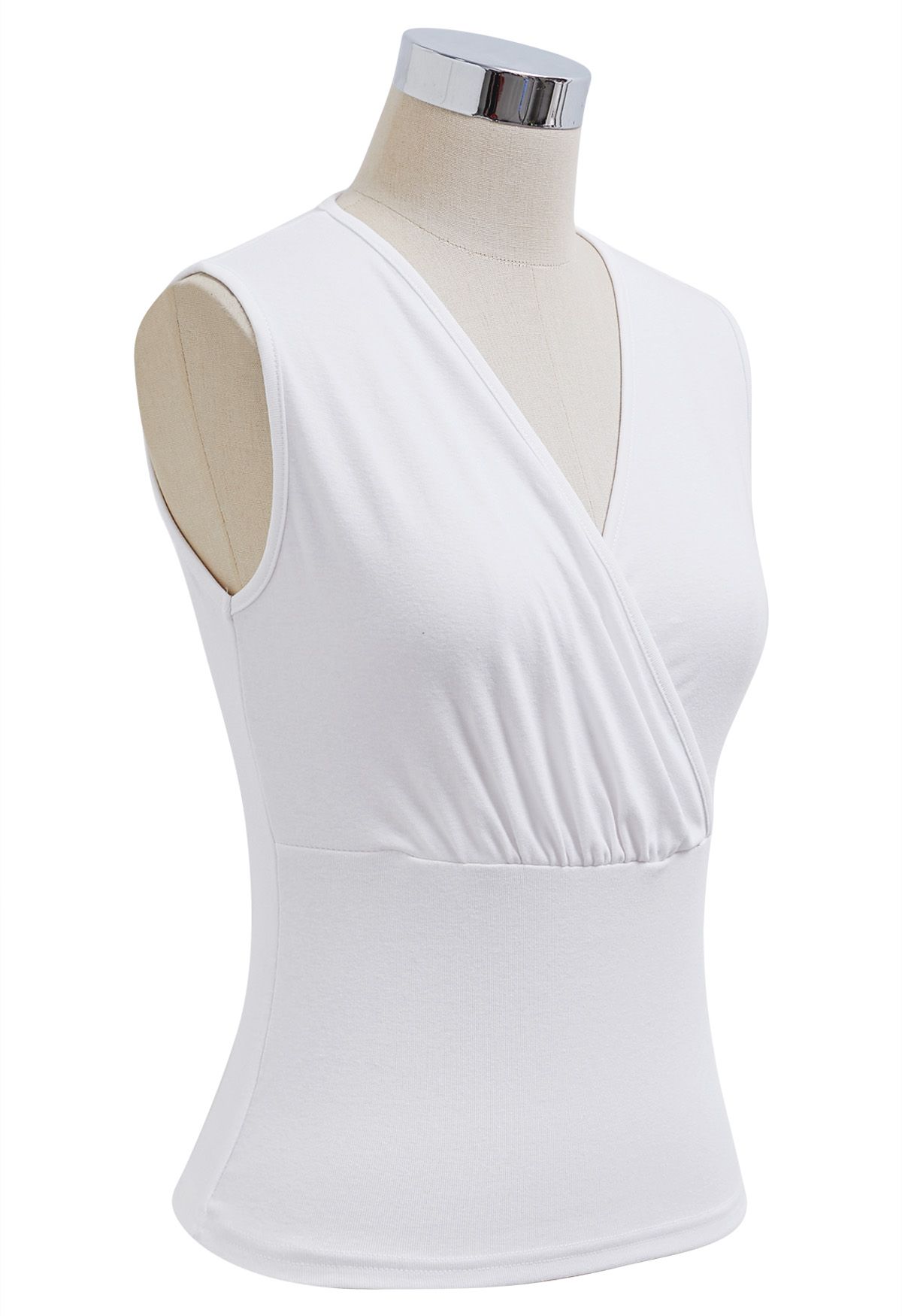 Faux-Wrap Sleeveless Cotton Top in White