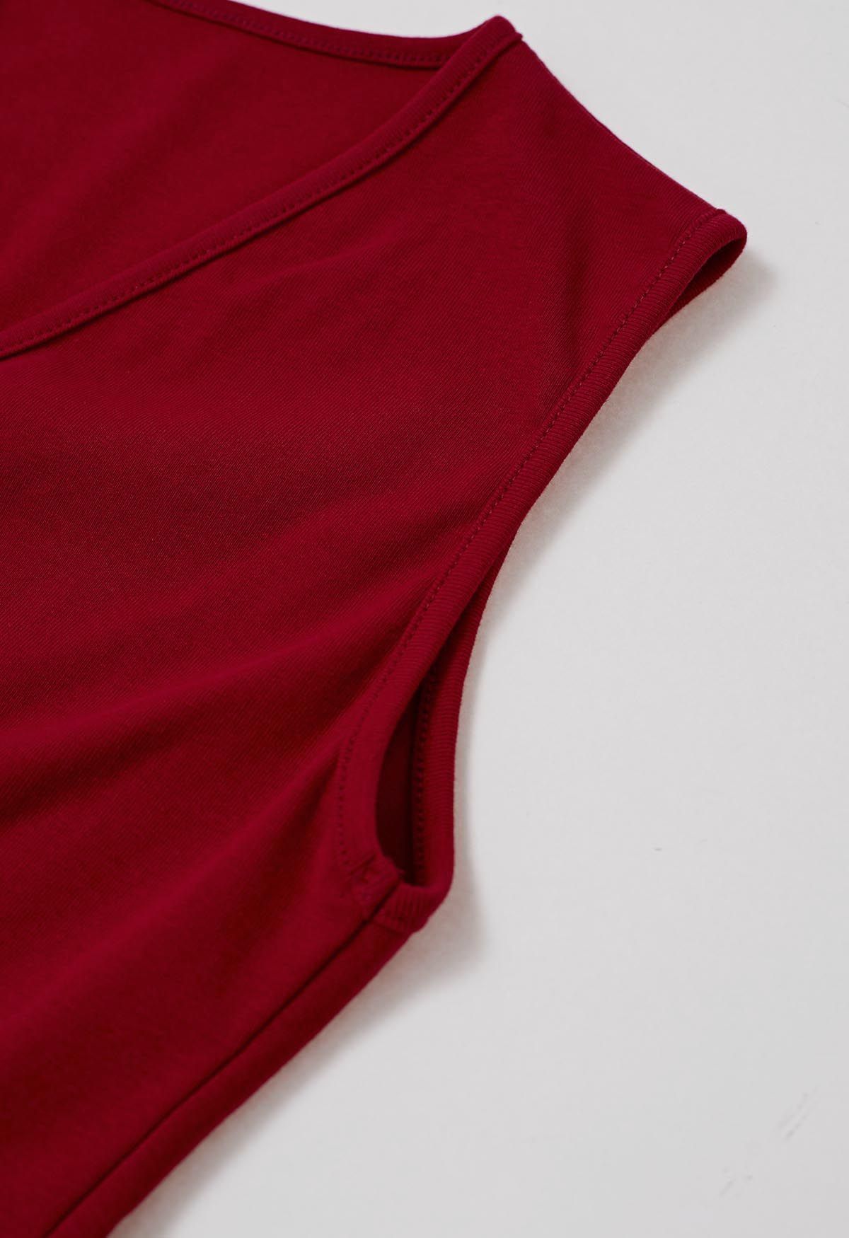 Faux-Wrap Sleeveless Cotton Top in Red