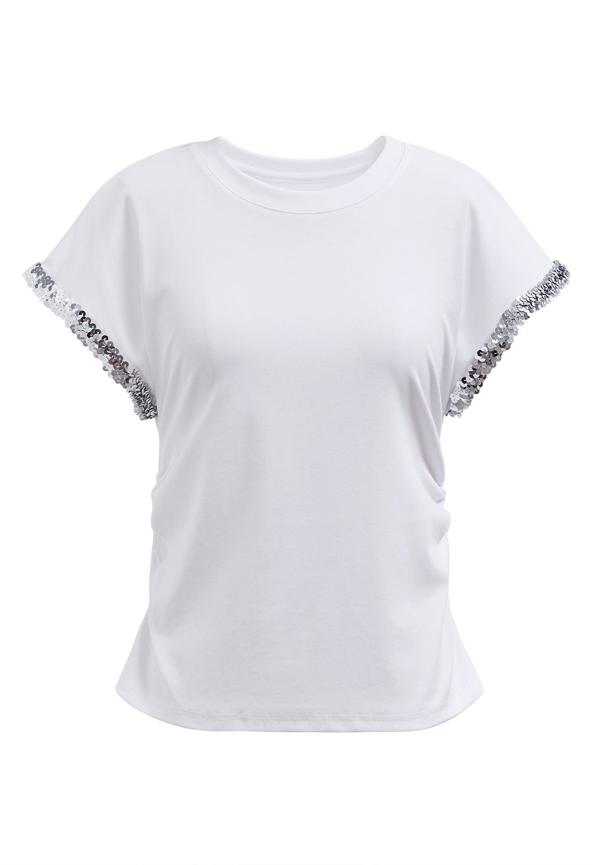 Sequined Cuff Ruched Side T-Shirt in White