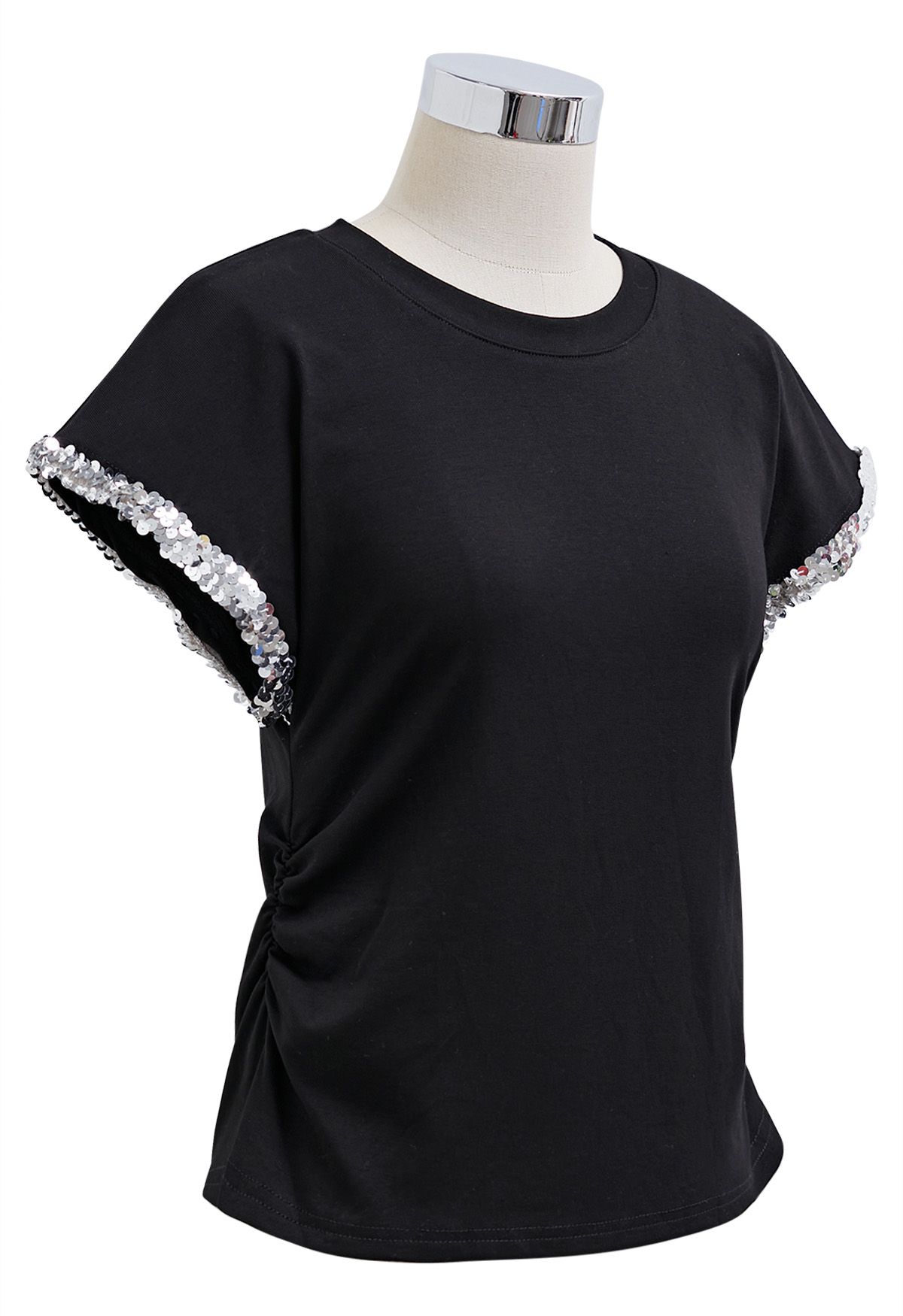 Sequined Cuff Ruched Side T-Shirt in Black