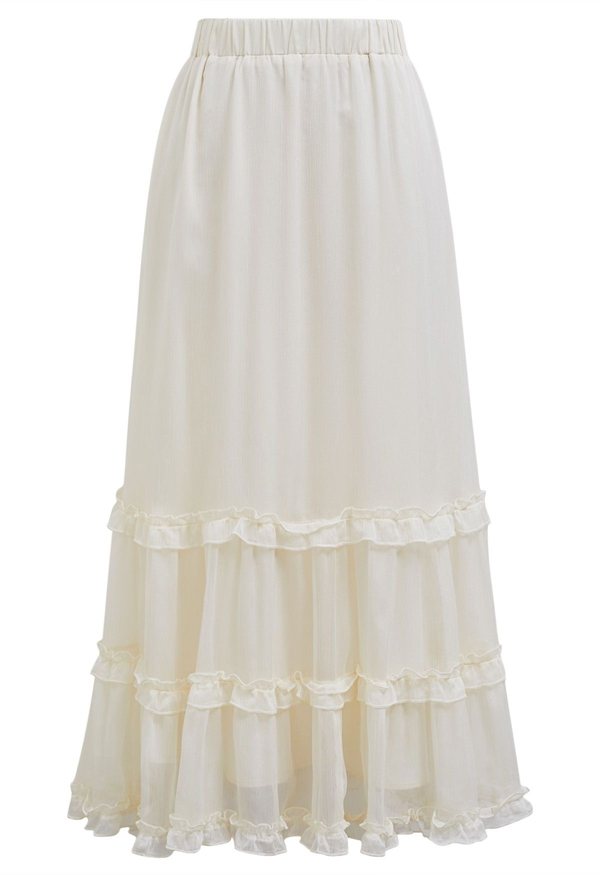 Swirling Ruffle Trim Maxi Skirt in Cream