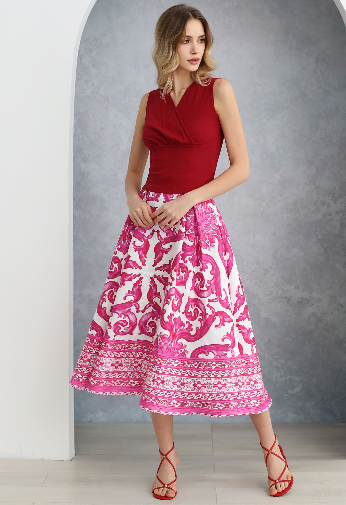 Pink Tile Jacquard Pleated A-Line Midi Skirt