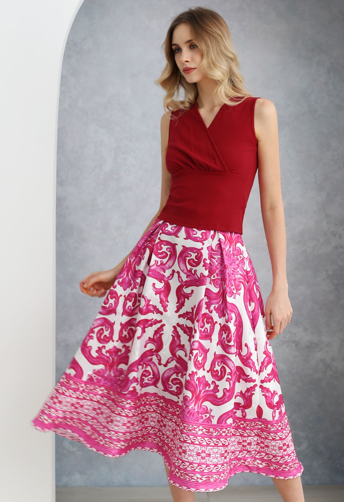 Pink Tile Jacquard Pleated A-Line Midi Skirt