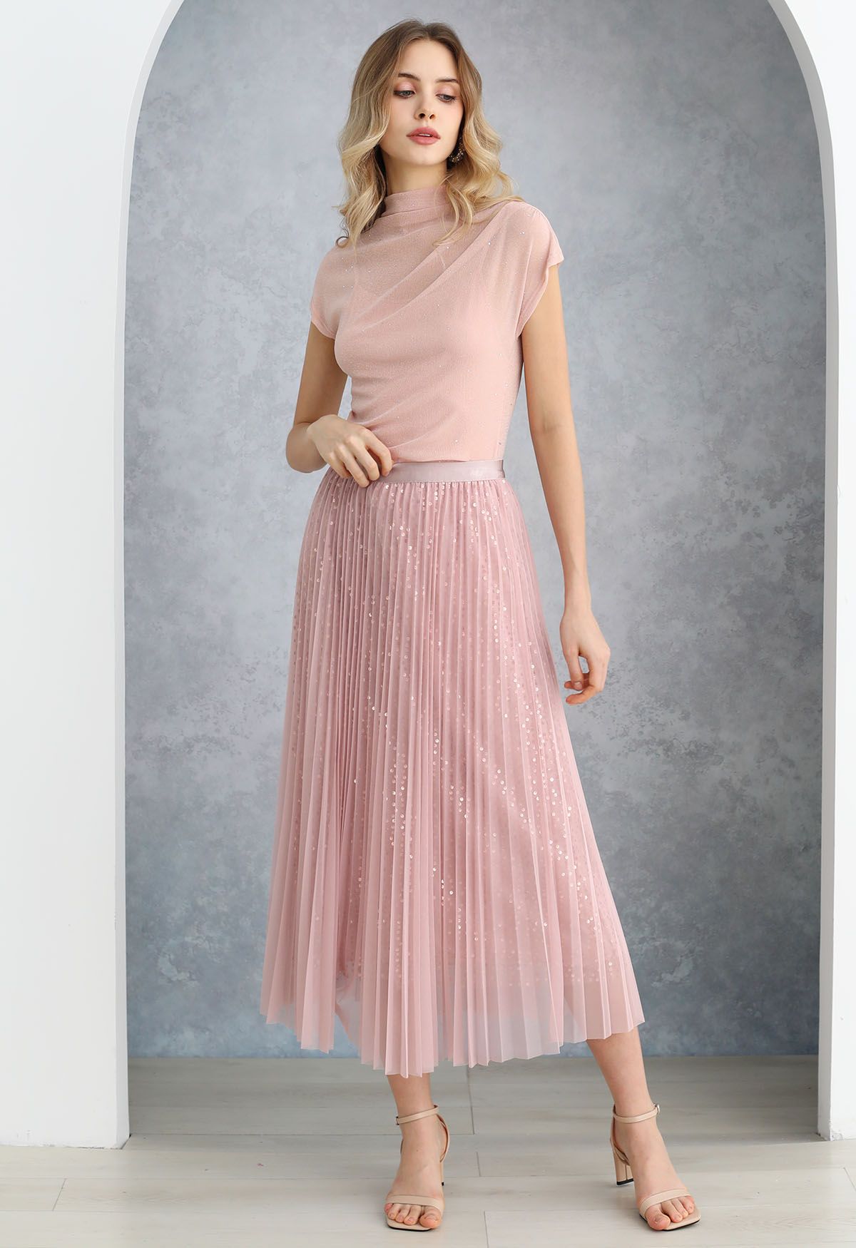 Glister Sequin Trim Mesh Tulle Maxi Skirt in Pink