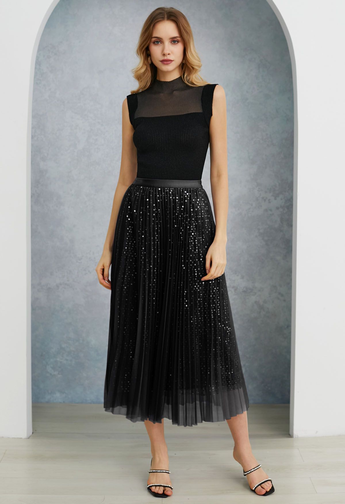 Glister Sequin Trim Mesh Tulle Maxi Skirt in Black