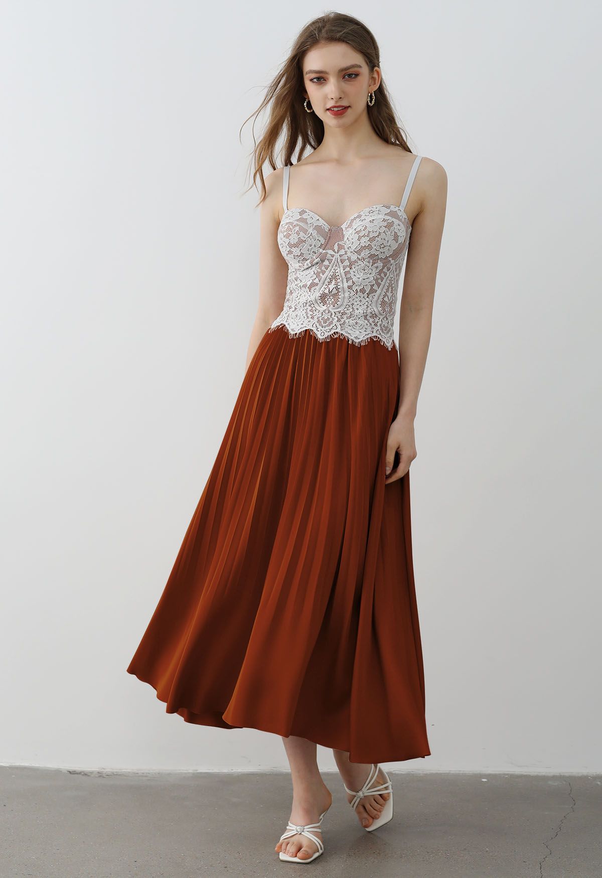 Smooth Satin Pleated Midi Skirt in Rust Red