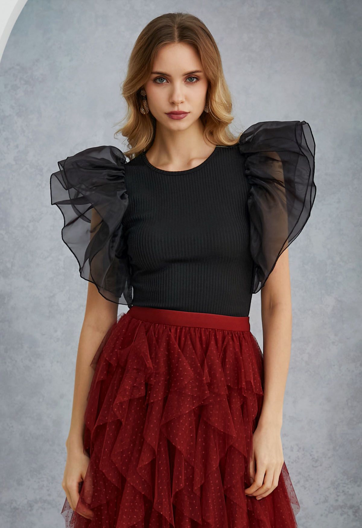 Tiered Organza Spliced Ribbed Crop Top