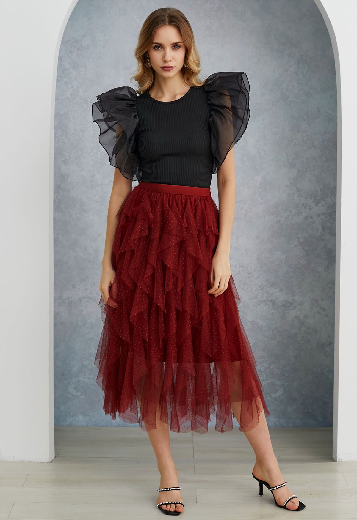 Dots Full Ruffled Tulle Skirt in Red