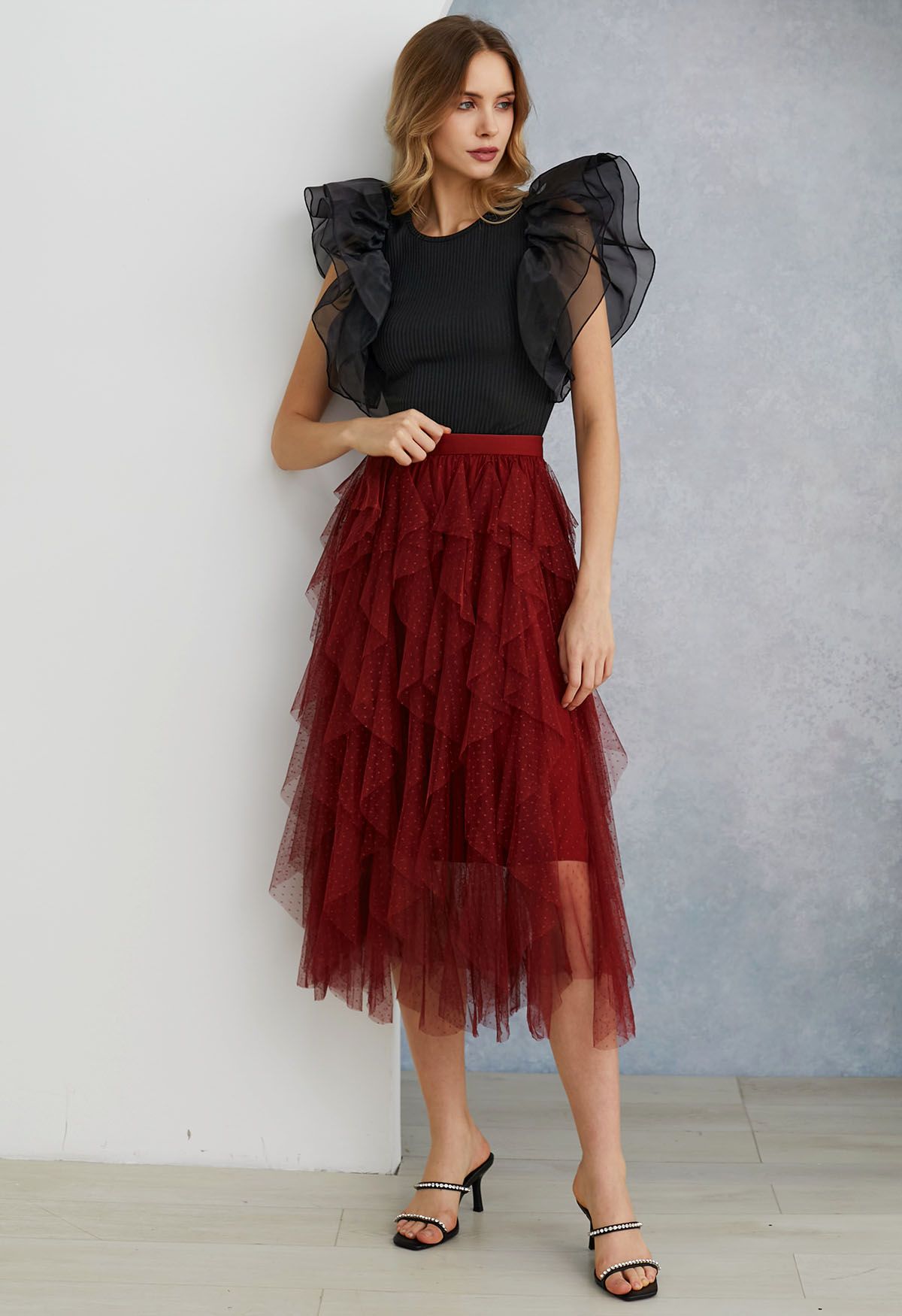 Tiered Organza Spliced Ribbed Crop Top