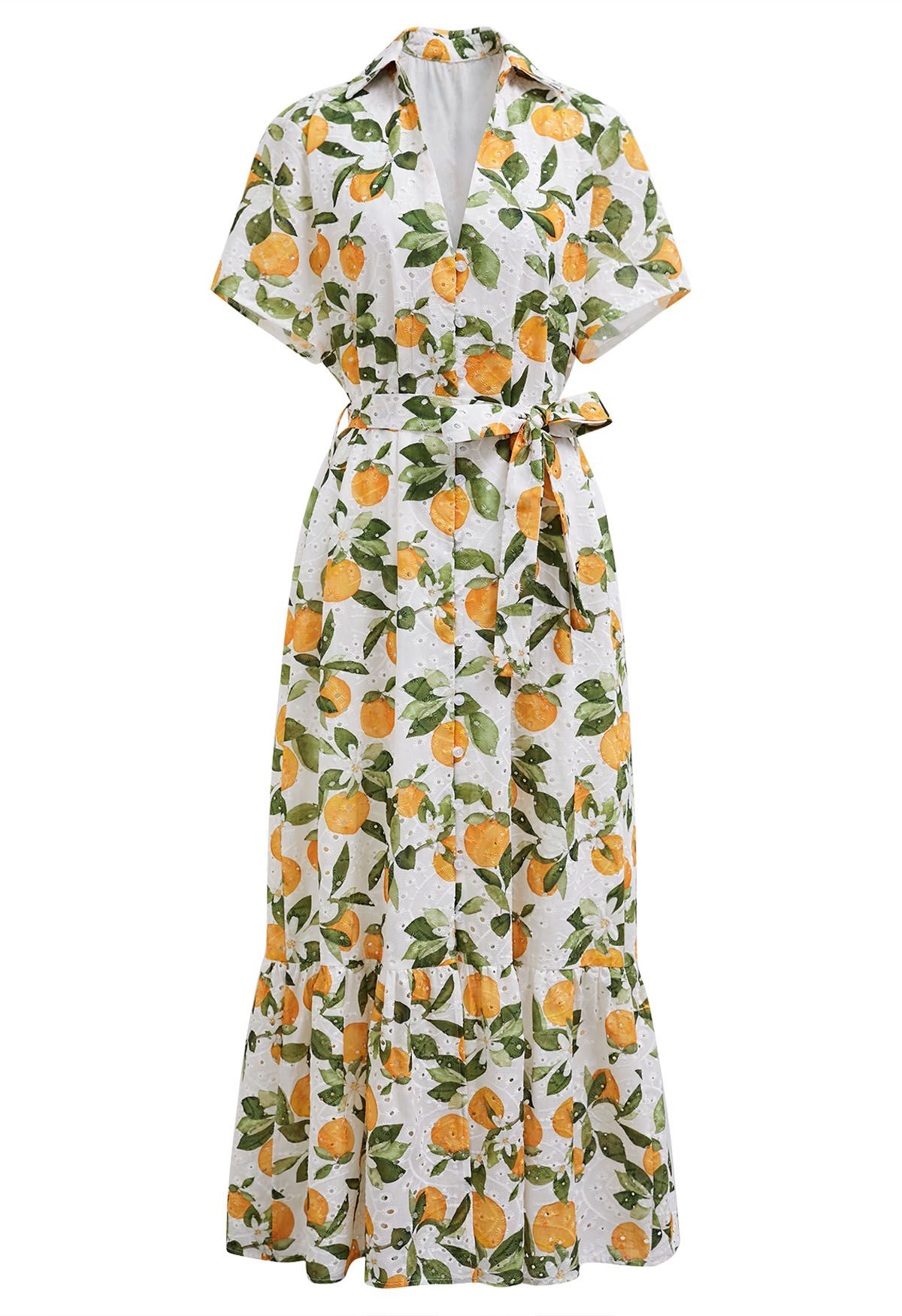 Orange Printed Embroidered Eyelet Frilling Dress in White