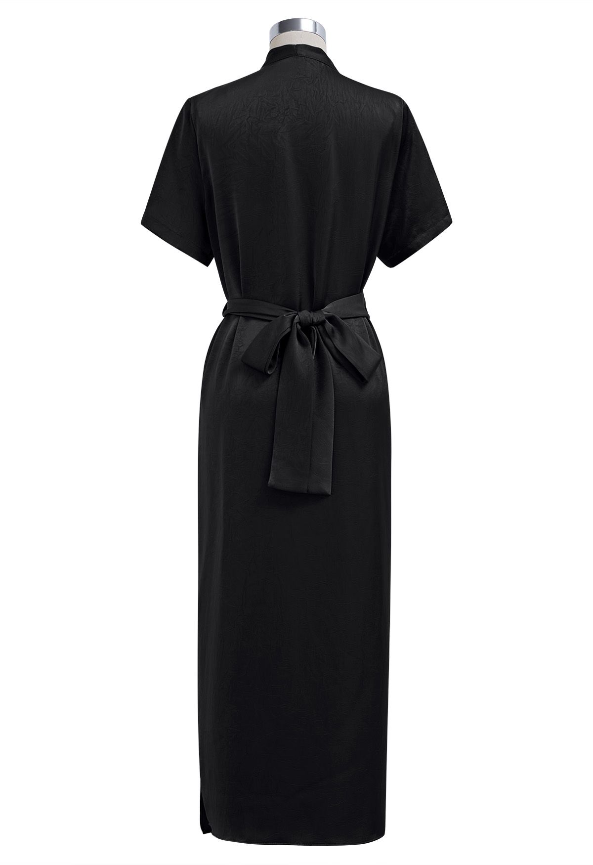 Floral Brooch Textured Satin Dress in Black