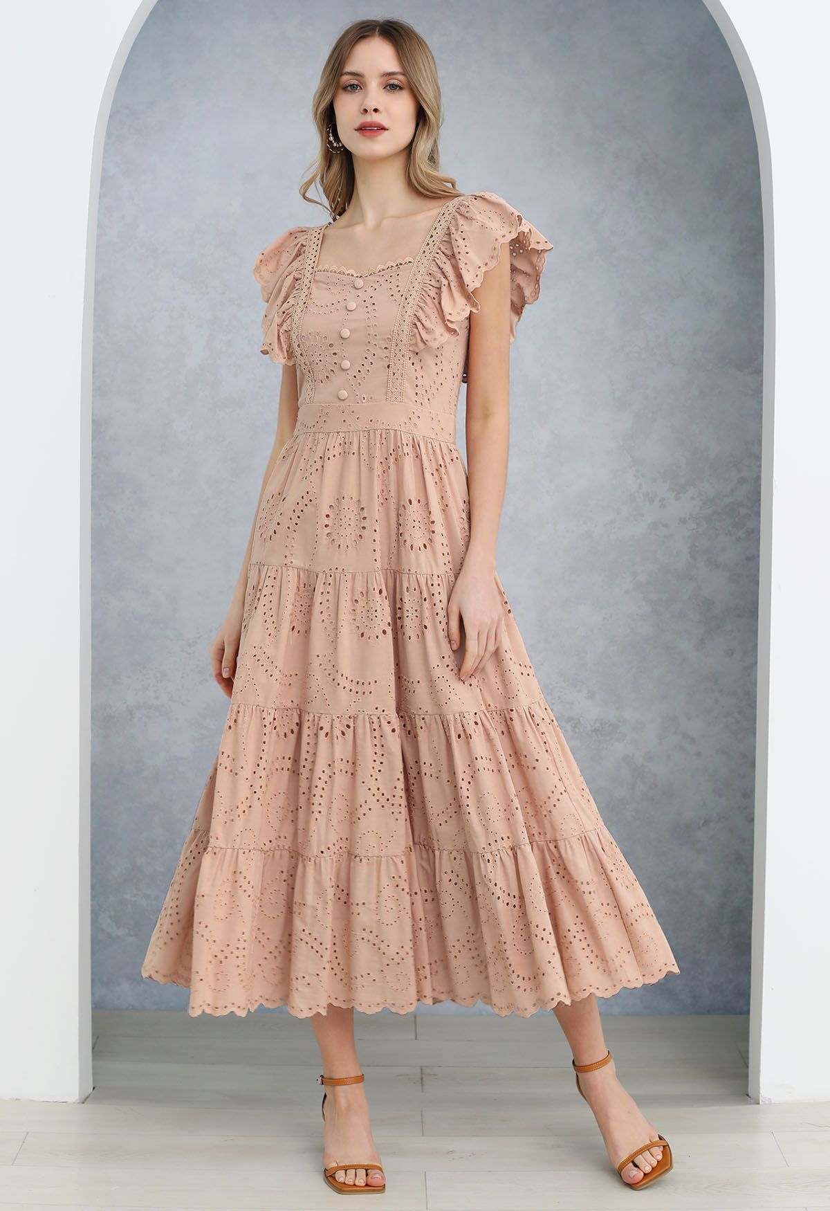 Sweetheart Neckline Eyelet Embroidery Maxi Dress in Apricot