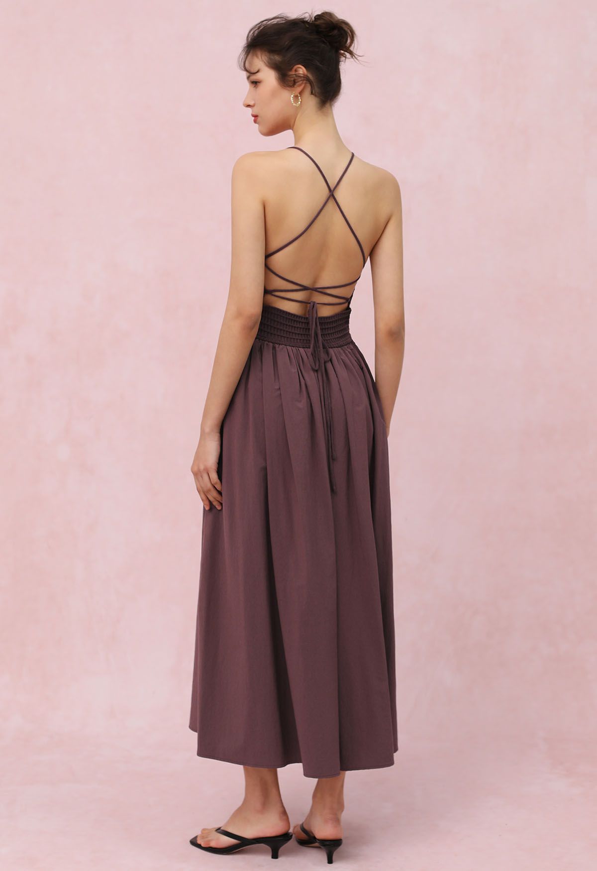 Lace-Up Back Knit Spliced Dress in Brown