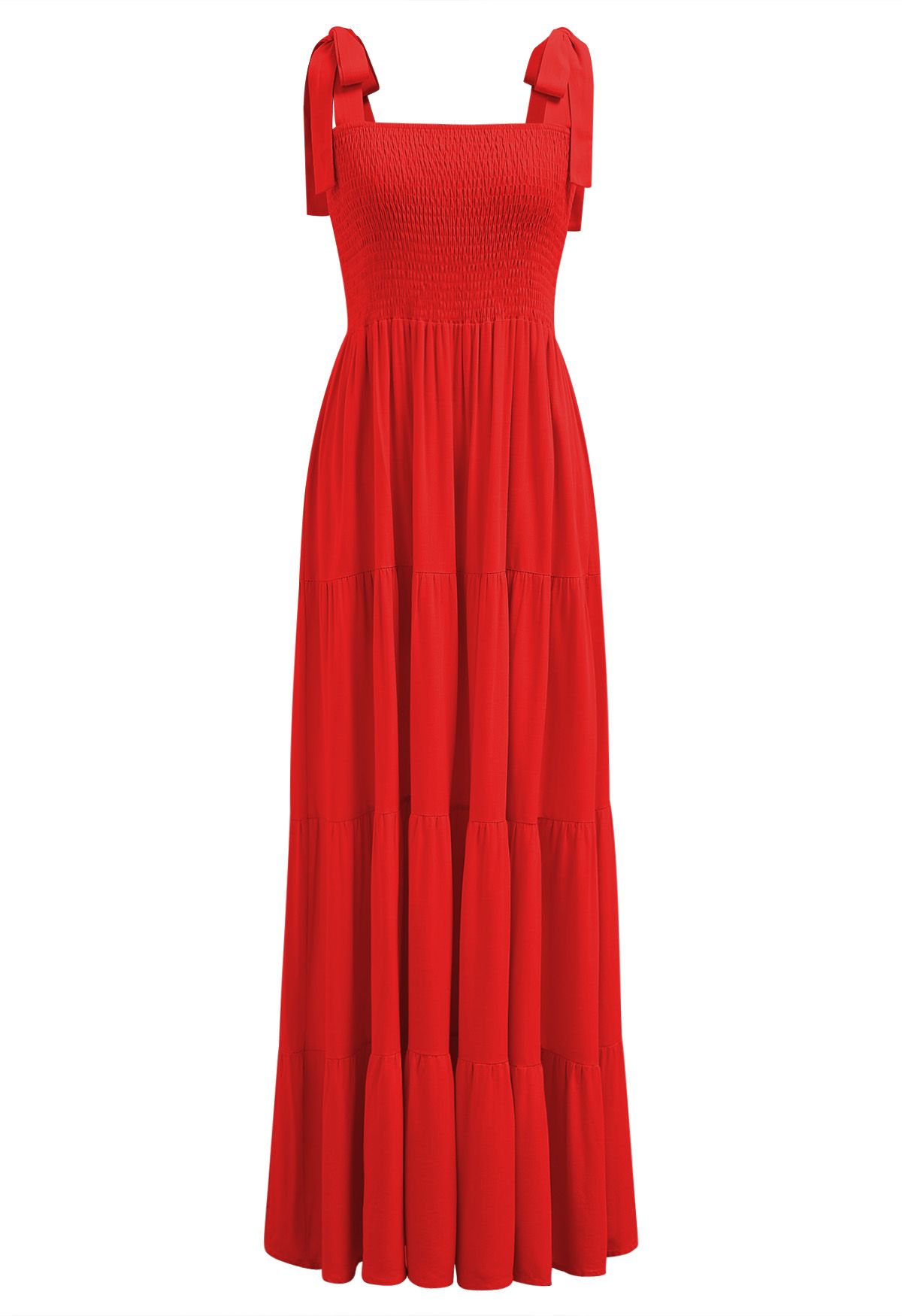 Fluttering Tie-Shoulder Shirred Maxi Dress in Red