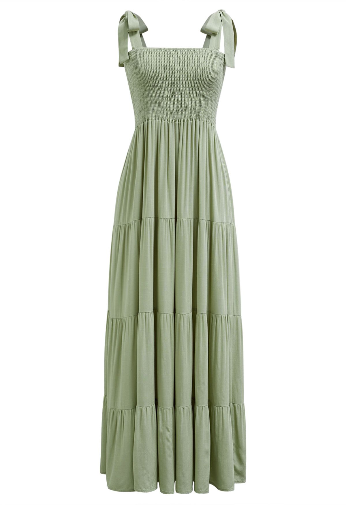 Fluttering Tie-Shoulder Shirred Maxi Dress in Pistachio