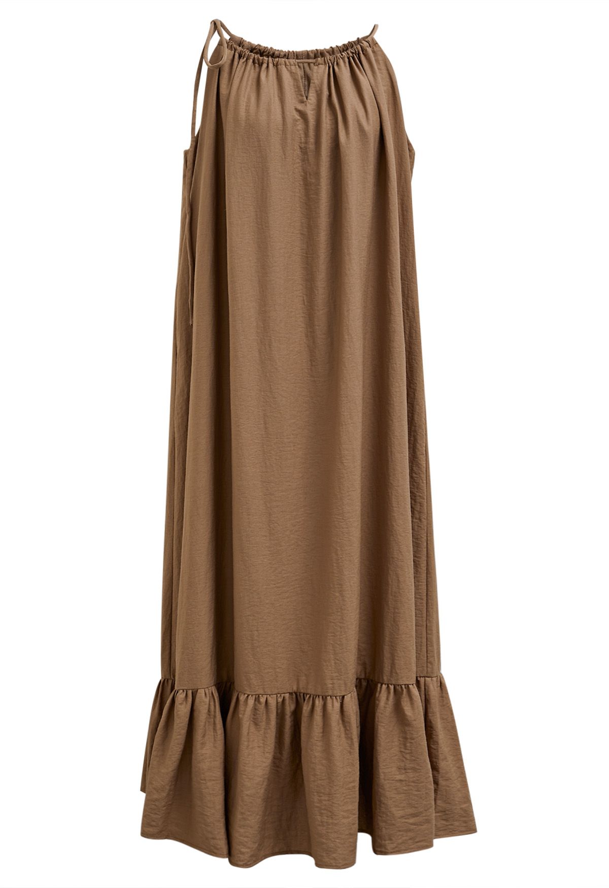 Self-Tie Halter Frill Hem Maxi Dress in Caramel