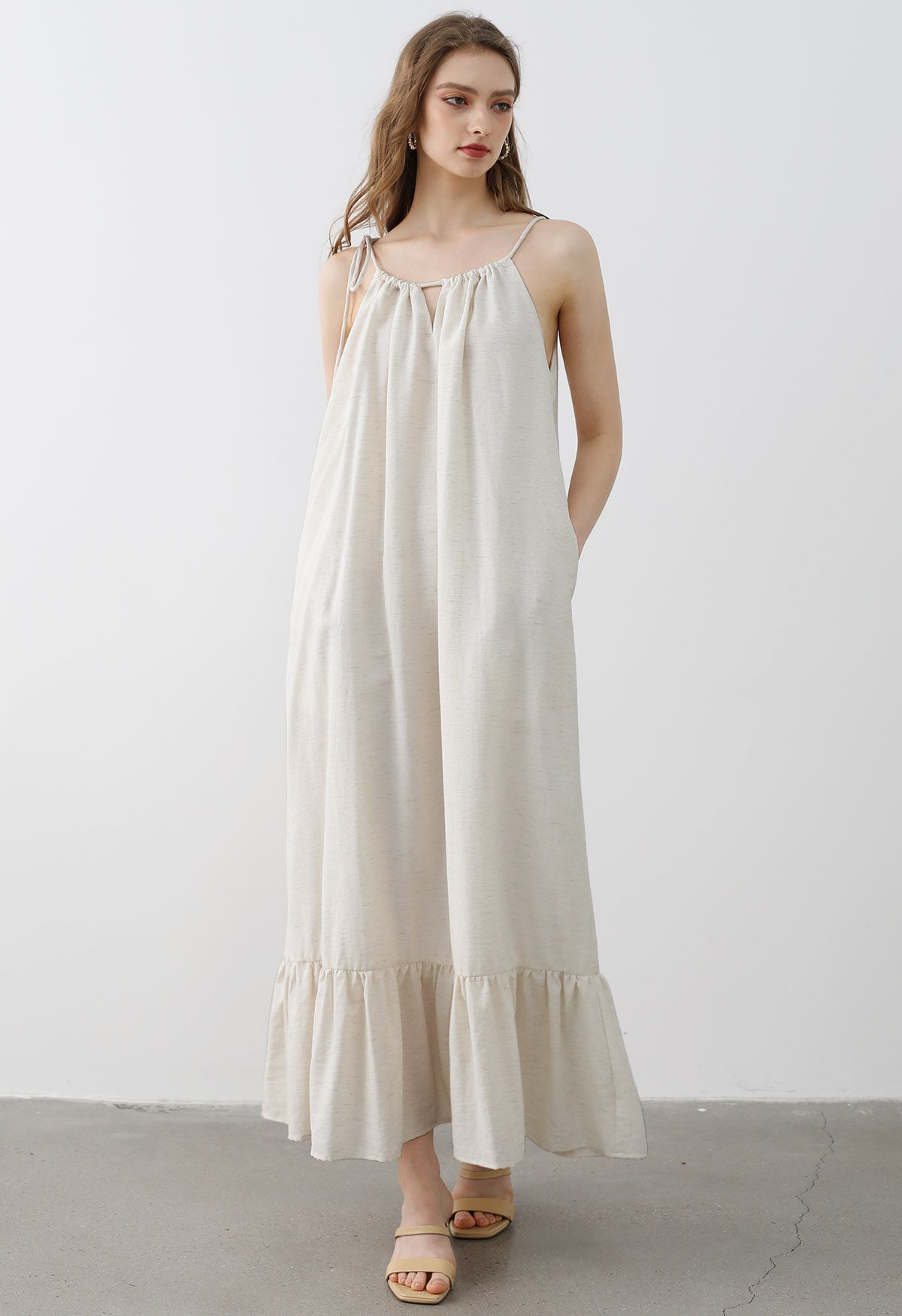 Self-Tie Halter Frill Hem Maxi Dress in Ivory