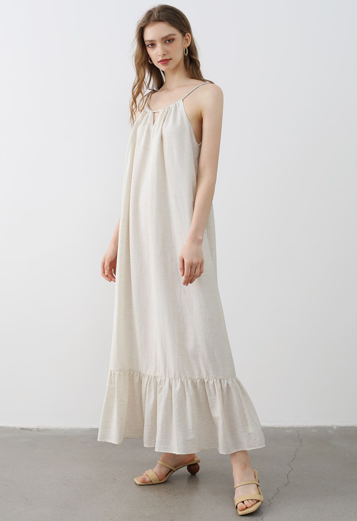 Self-Tie Halter Frill Hem Maxi Dress in Ivory