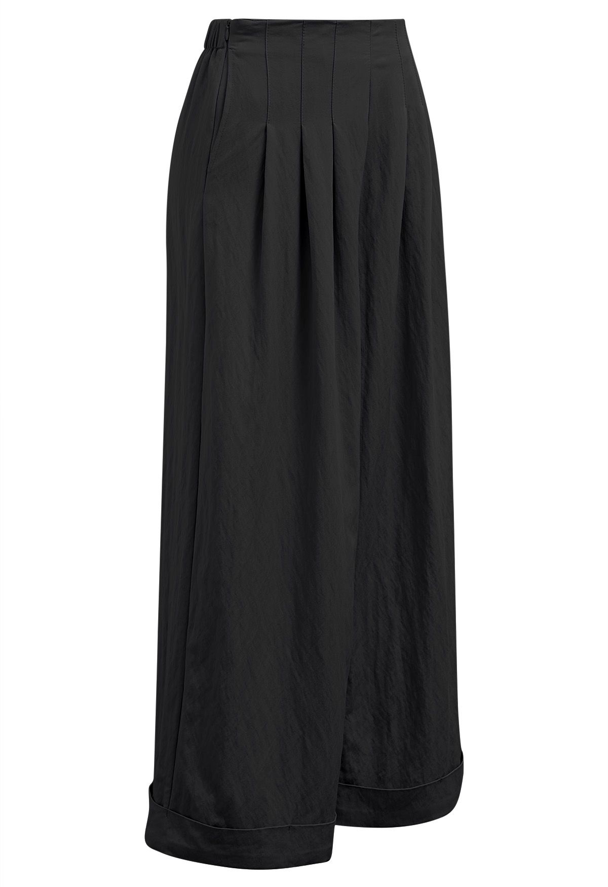 Wide Leg Roll-Hem Pleated Pants in Black