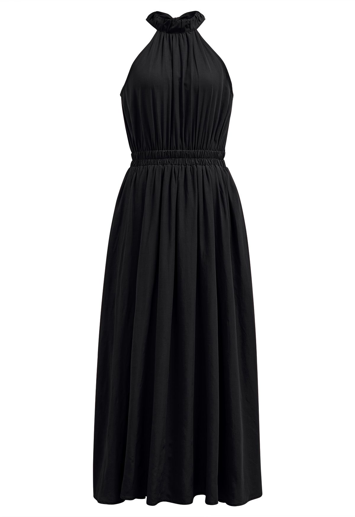 Self-Tie Back Bow Halter Maxi Dress in Black