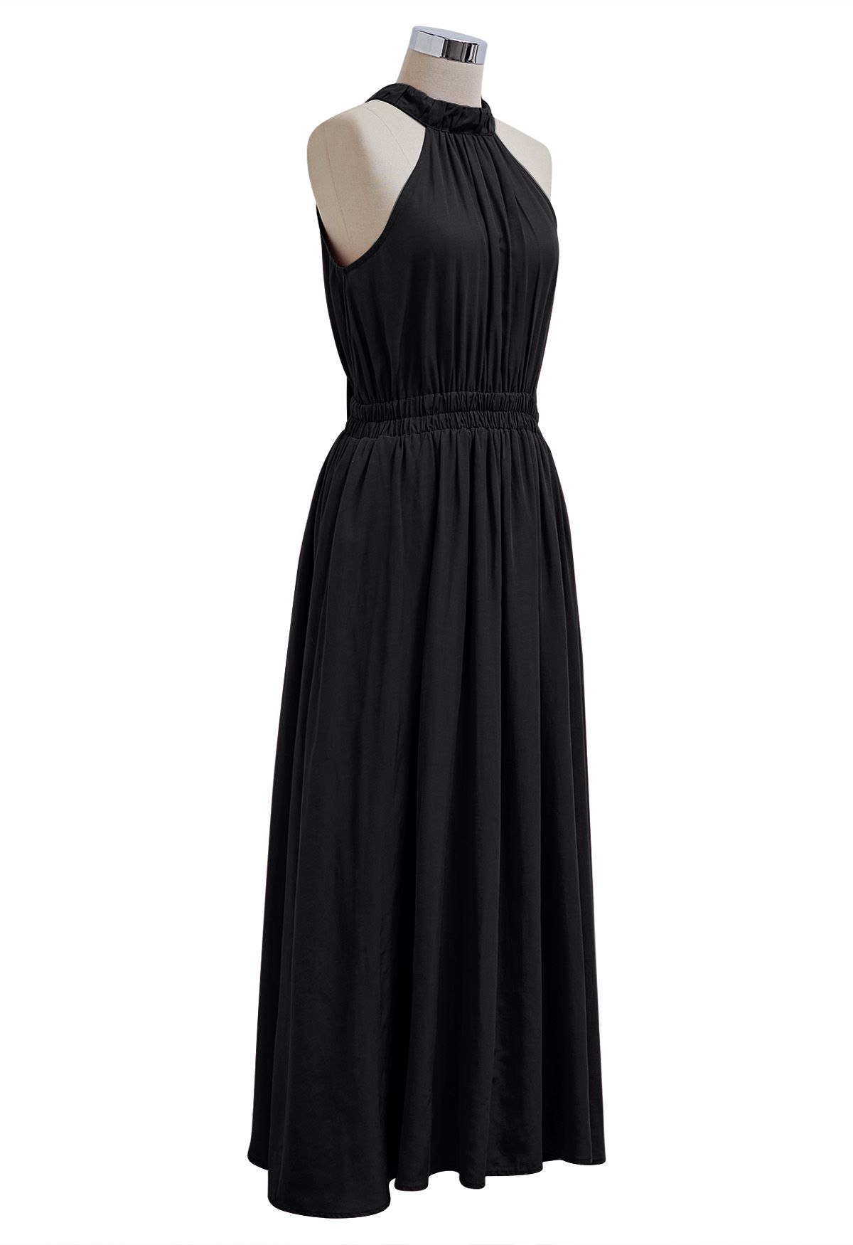 Self-Tie Back Bow Halter Maxi Dress in Black