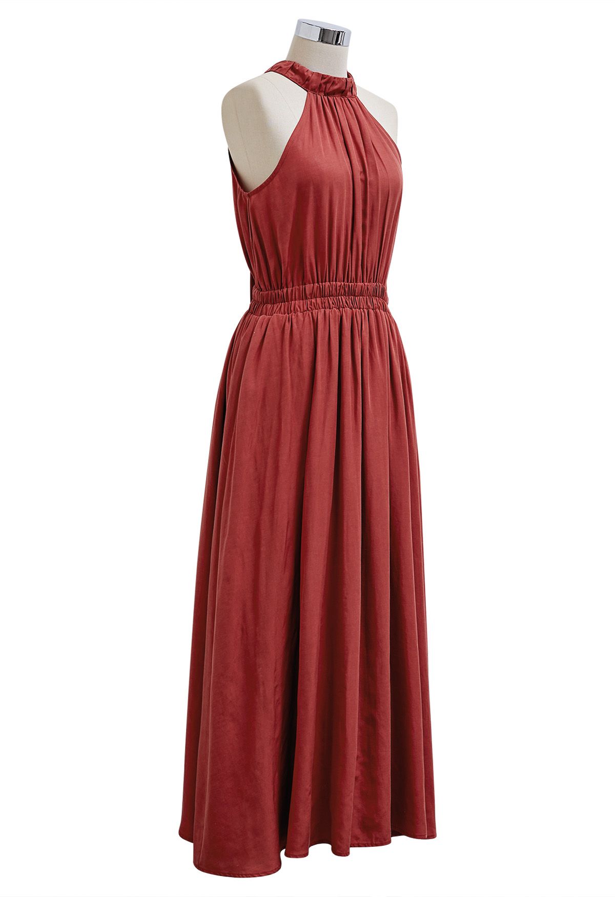 Self-Tie Back Bow Halter Maxi Dress in Red