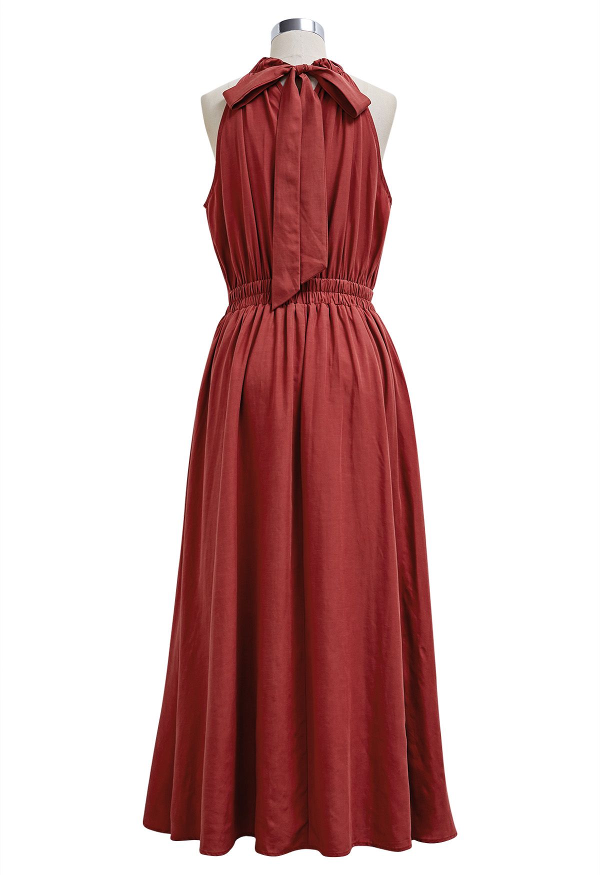 Self-Tie Back Bow Halter Maxi Dress in Red