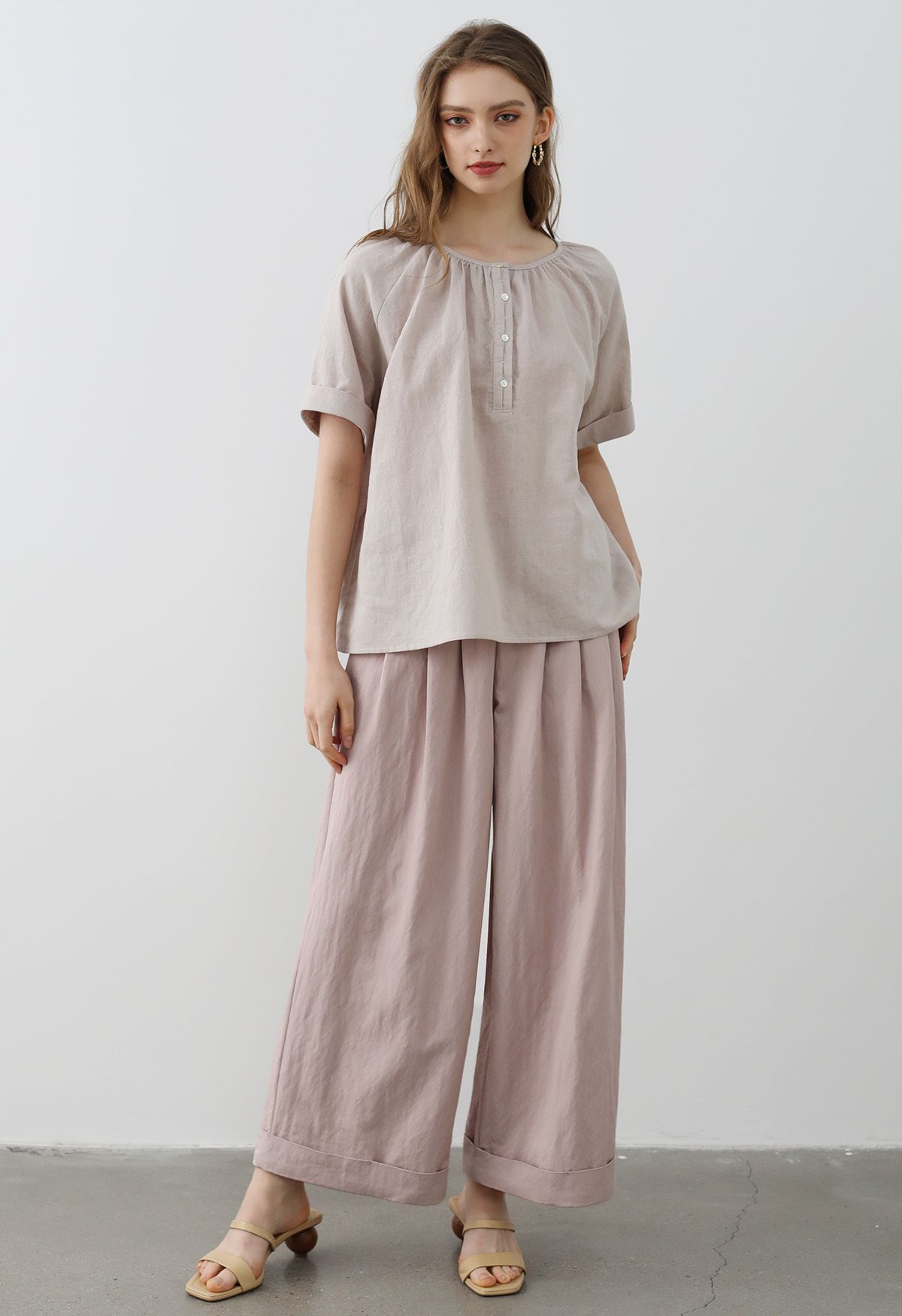 Wide Leg Roll-Hem Pleated Pants in Dusty Pink