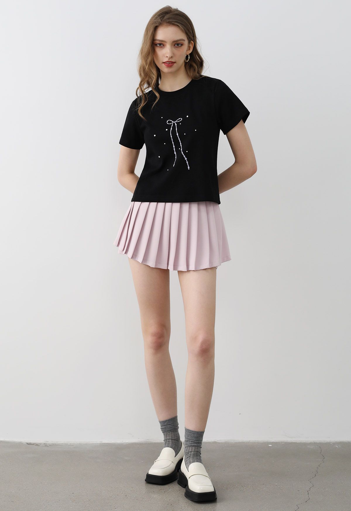 Bowknot Print Short Sleeve T-Shirt in Black