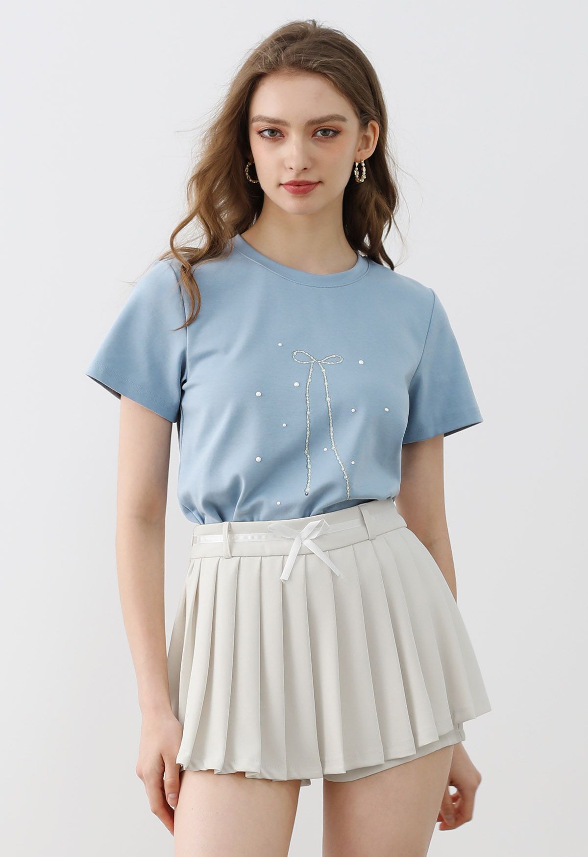 Bowknot Print Short Sleeve T-Shirt in Dusty Blue