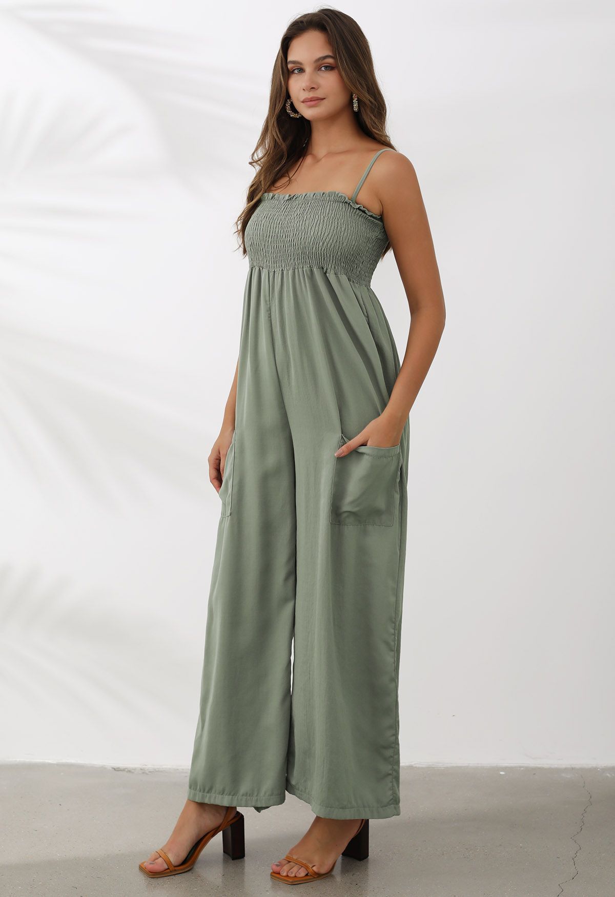 Snazzy Patch Pocket Wide-Leg Cami Jumpsuit in Pea Green