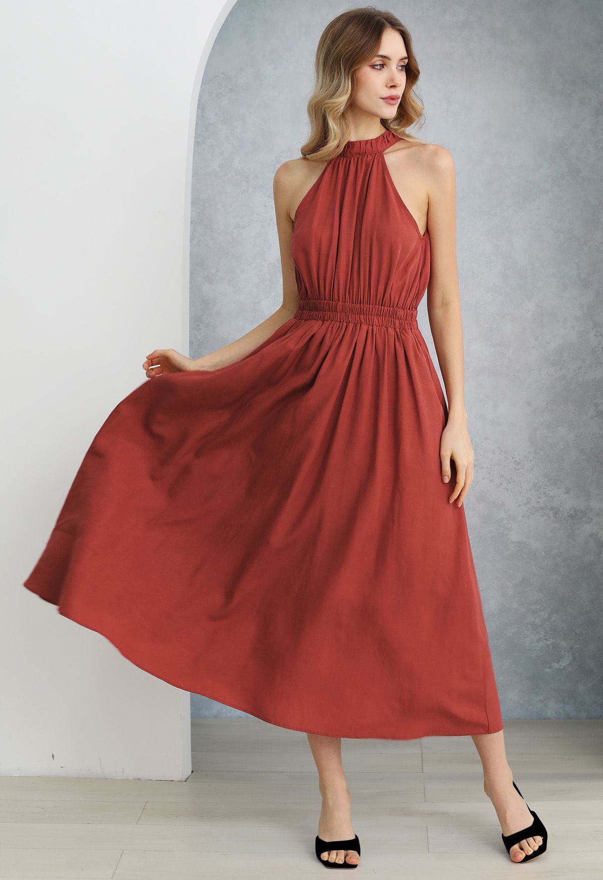 Self-Tie Back Bow Halter Maxi Dress in Red