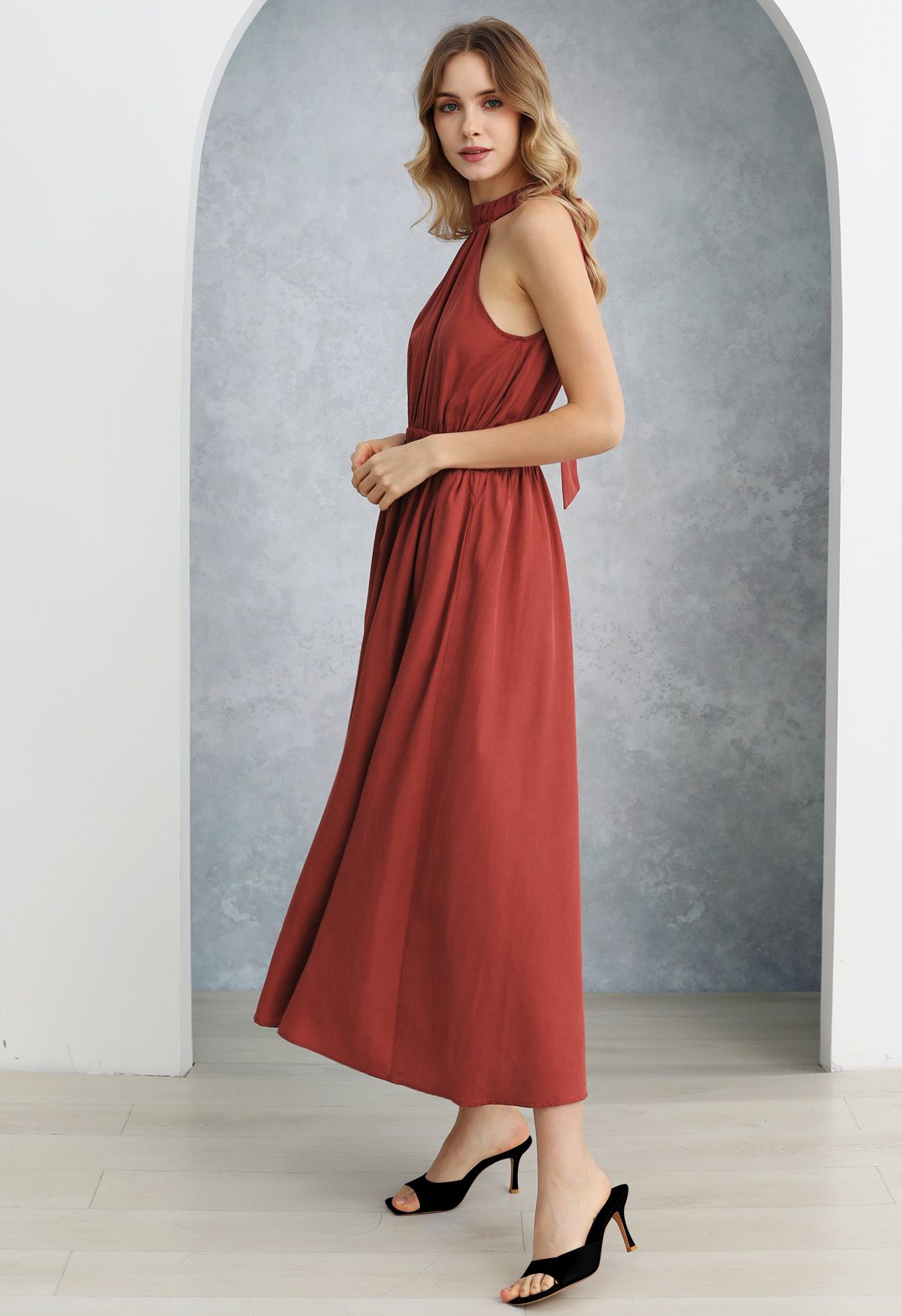 Self-Tie Back Bow Halter Maxi Dress in Red