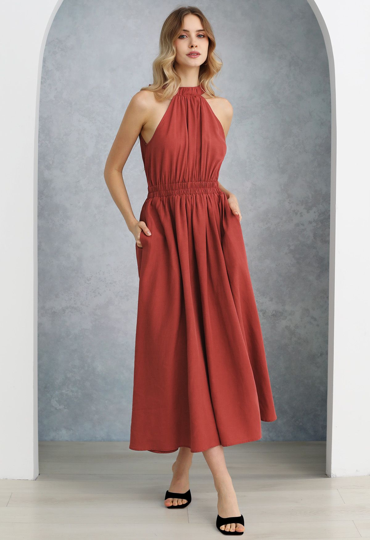 Self-Tie Back Bow Halter Maxi Dress in Red