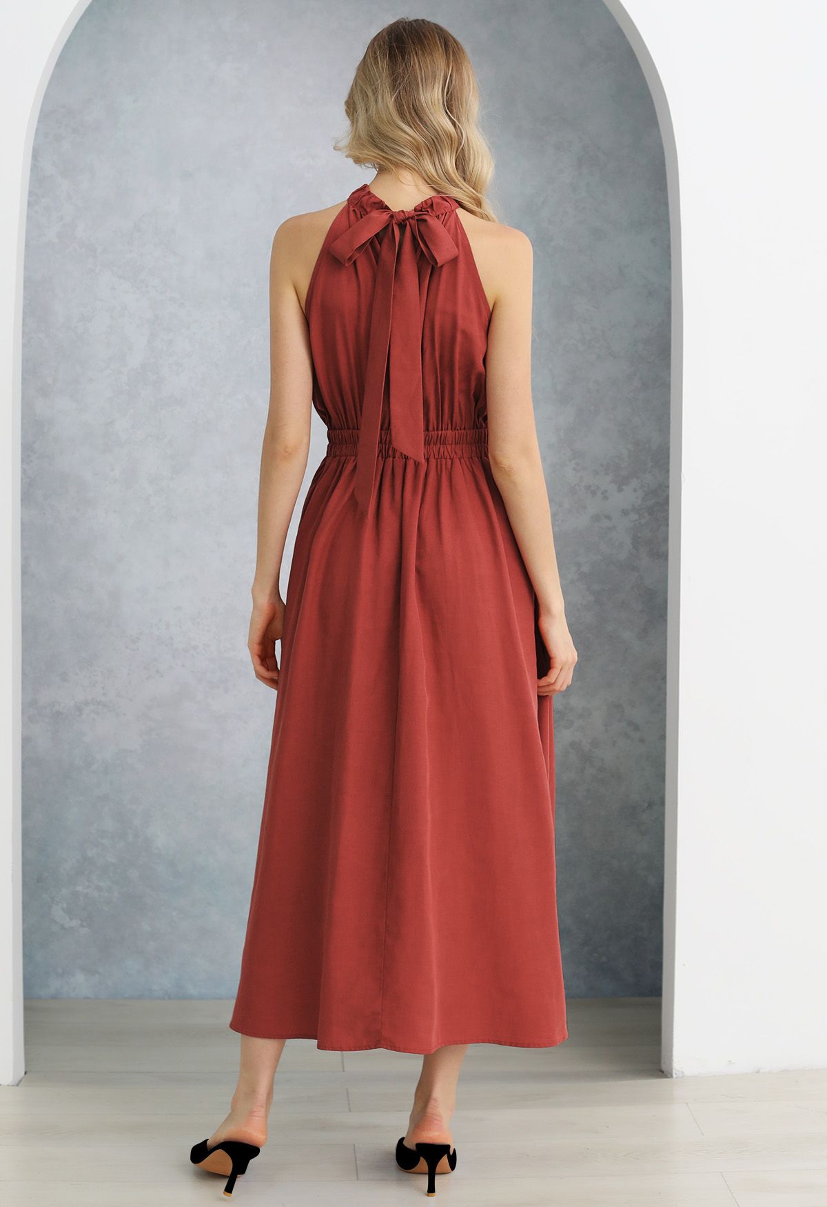 Self-Tie Back Bow Halter Maxi Dress in Red