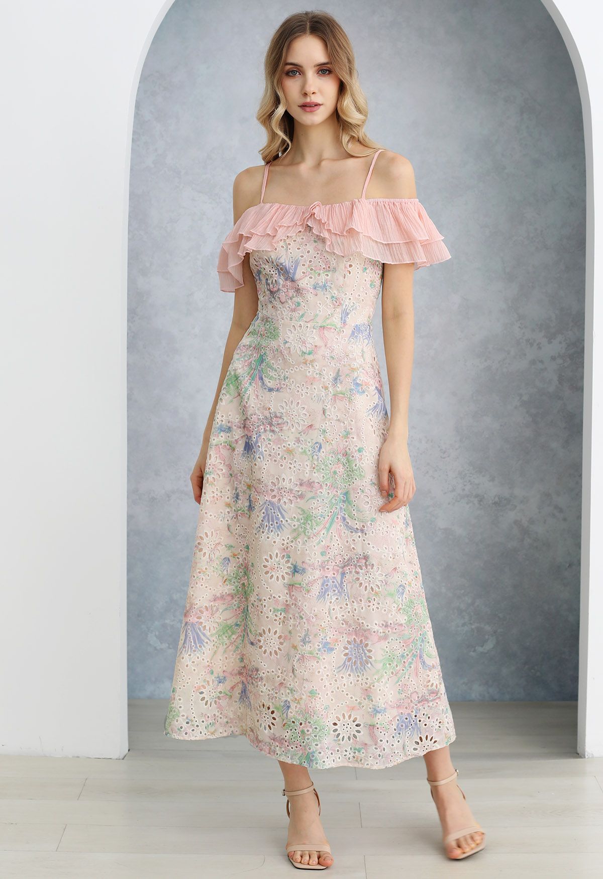 Floral Printed Eyelet Embroidered Flounced Cold-Shoulder Dress