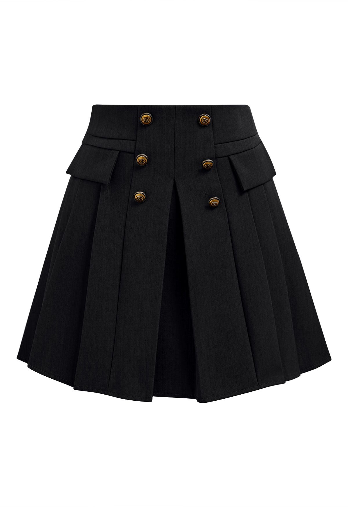 Double-Breasted Pleated Preppy Mini Skorts in Black