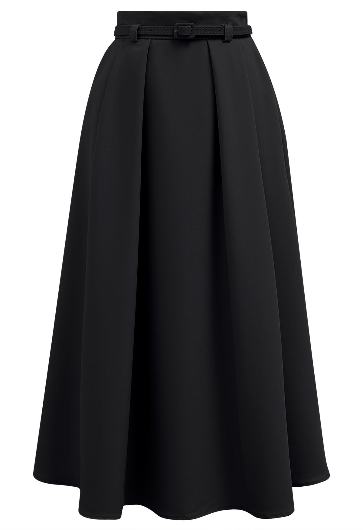 Side Pockets Pleated Belt Midi Skirt in Black Black M