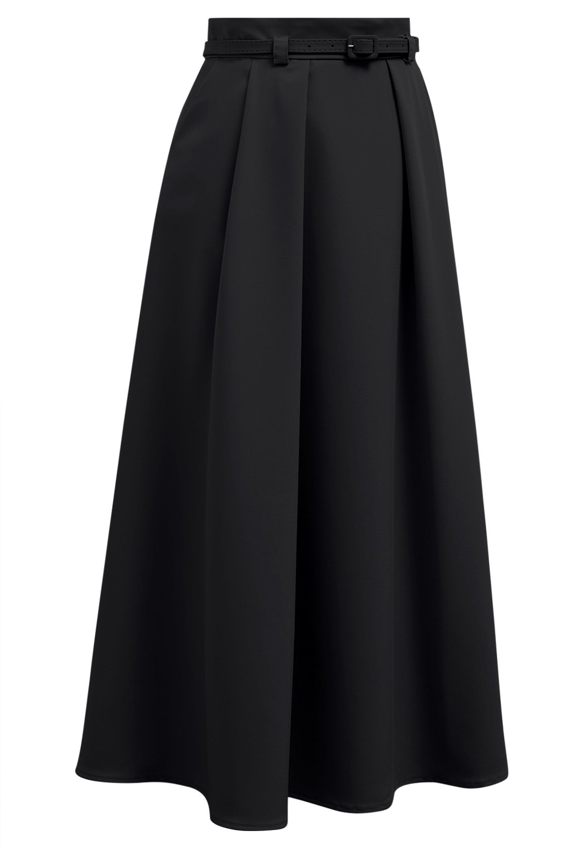 Side Pockets Pleated Belt Midi Skirt in Black