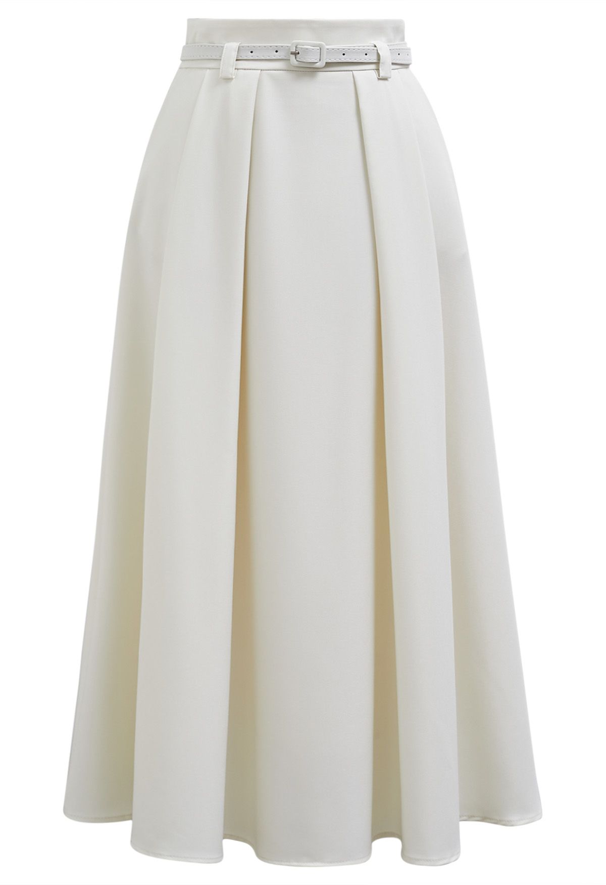 Side Pockets Pleated Belt Midi Skirt in Ivory