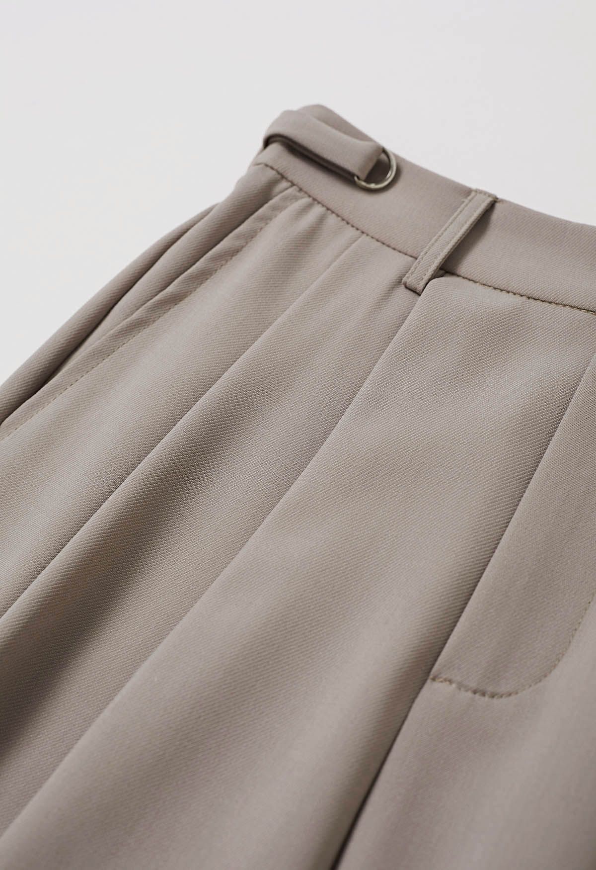 Belted Waist Pleated Palazzo Pants in Khaki