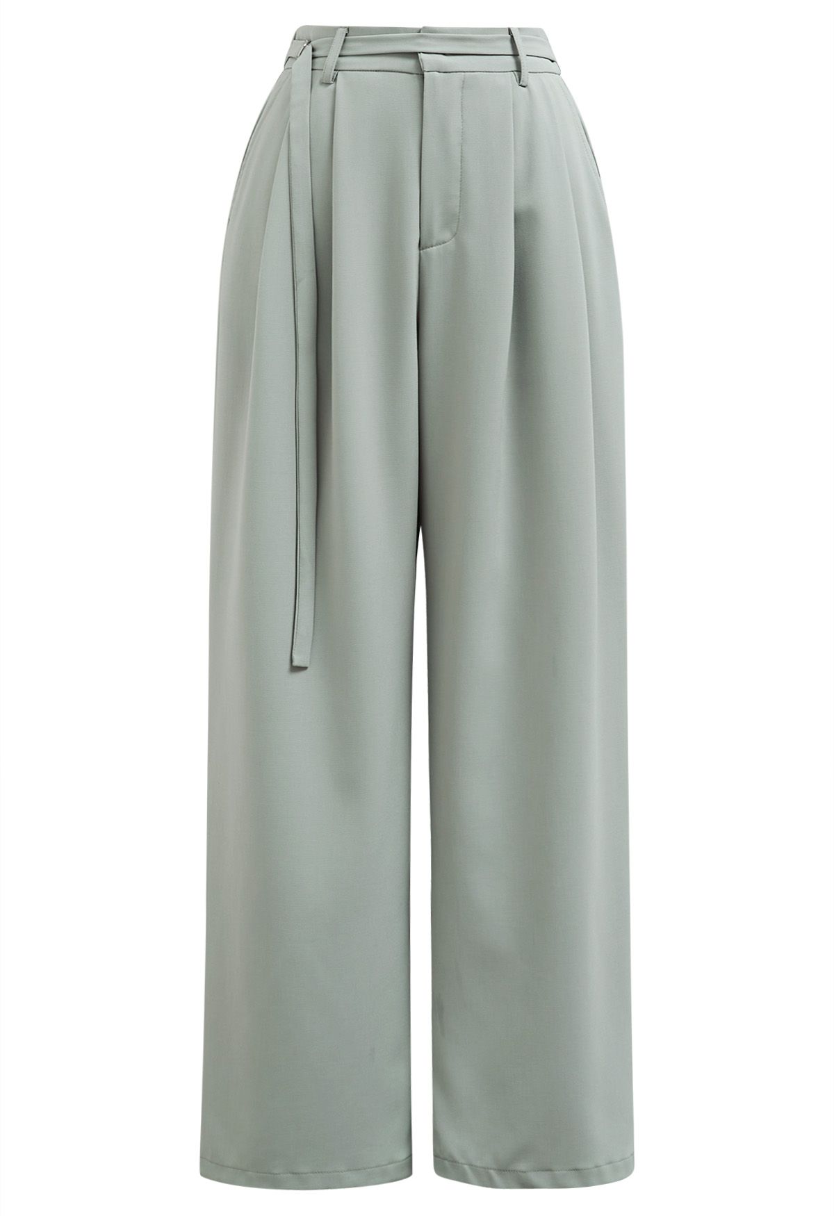 Belted Waist Pleated Palazzo Pants in Pea Green