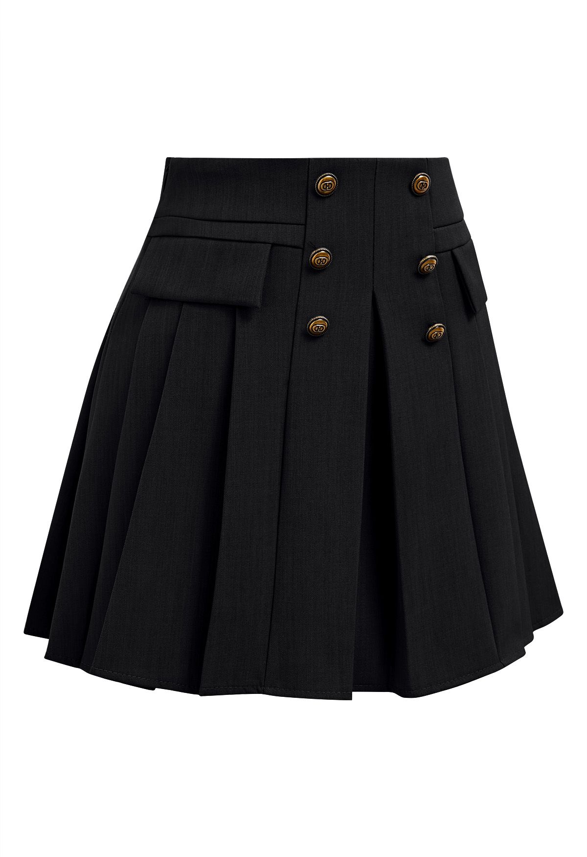 Double-Breasted Pleated Preppy Mini Skorts in Black