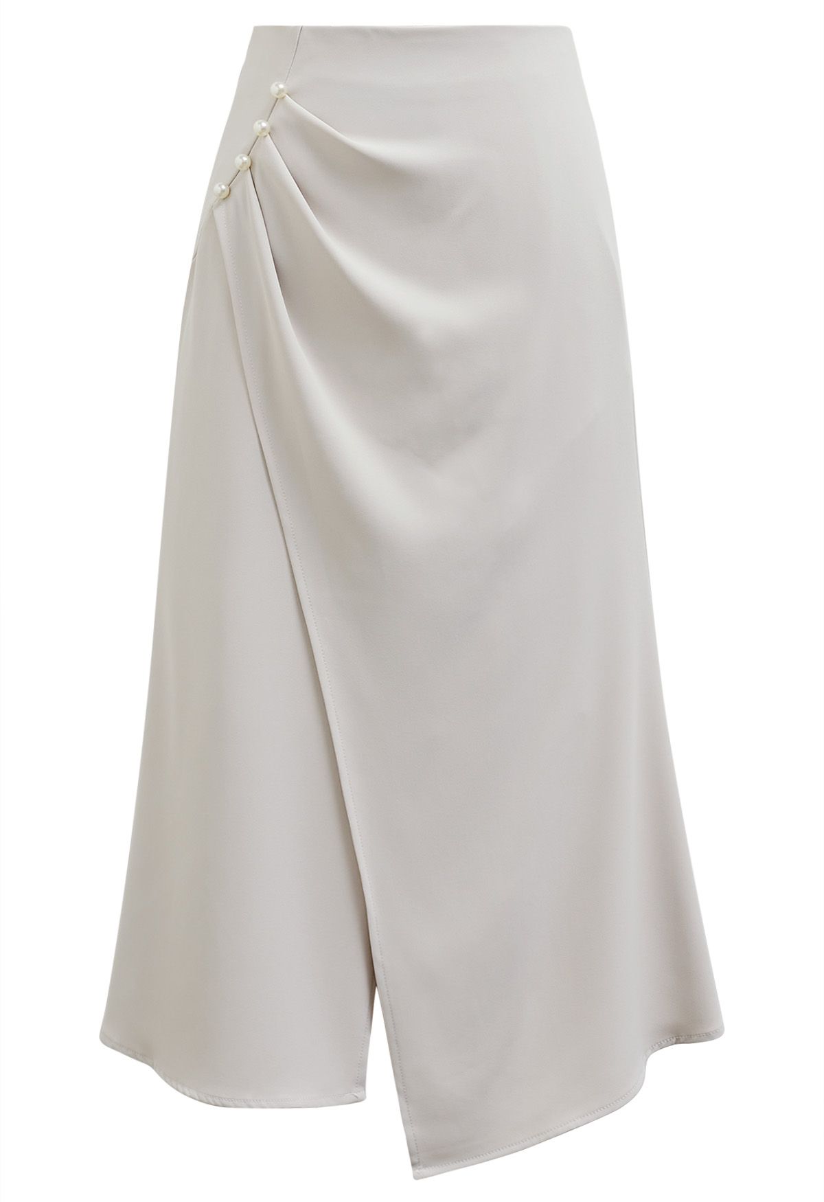 Pearl Side Pleats Asymmetric Flap Midi Skirt in Ivory