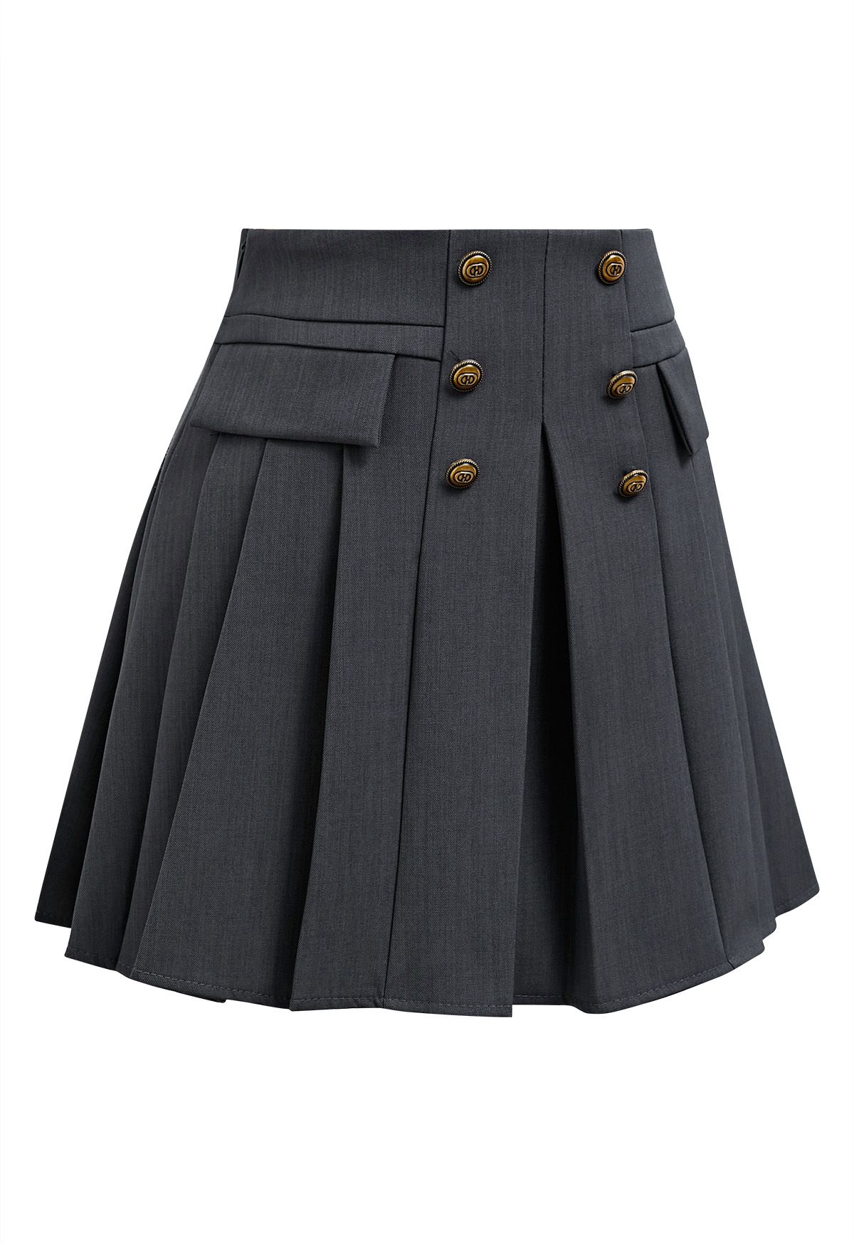 Double-Breasted Pleated Preppy Mini Skorts in Smoke