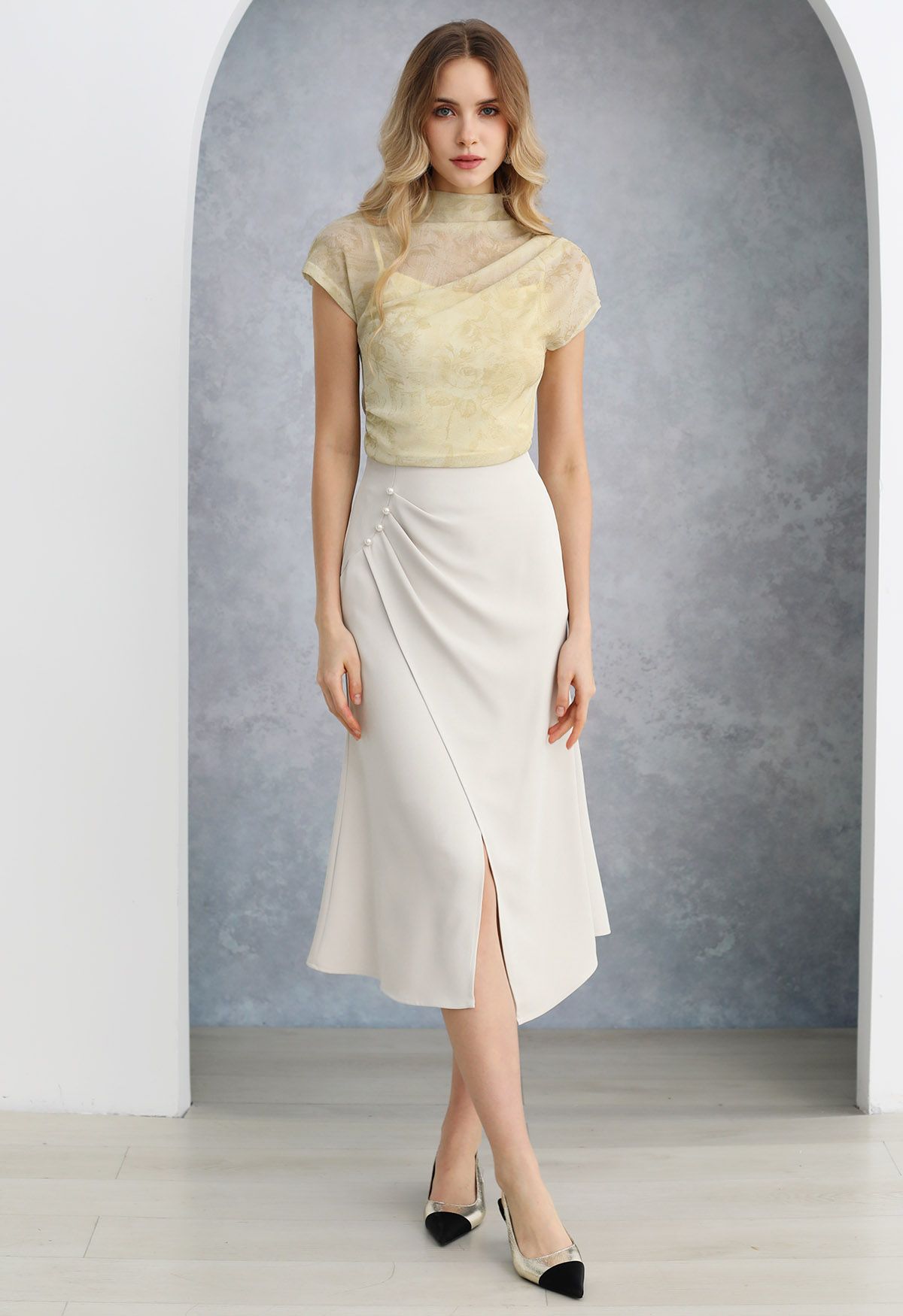 Pearl Side Pleats Asymmetric Flap Midi Skirt in Ivory