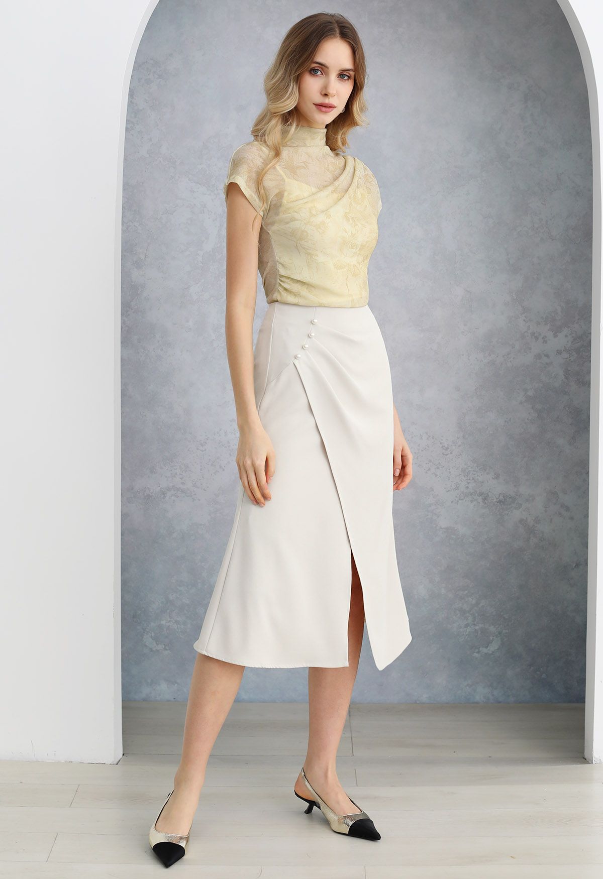 Pearl Side Pleats Asymmetric Flap Midi Skirt in Ivory